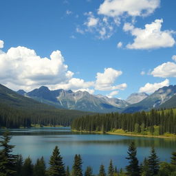 A beautiful landscape featuring a serene lake surrounded by lush green forests and majestic mountains in the background under a clear blue sky with fluffy white clouds