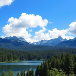 A beautiful landscape featuring a serene lake surrounded by lush green forests and majestic mountains in the background under a clear blue sky with fluffy white clouds