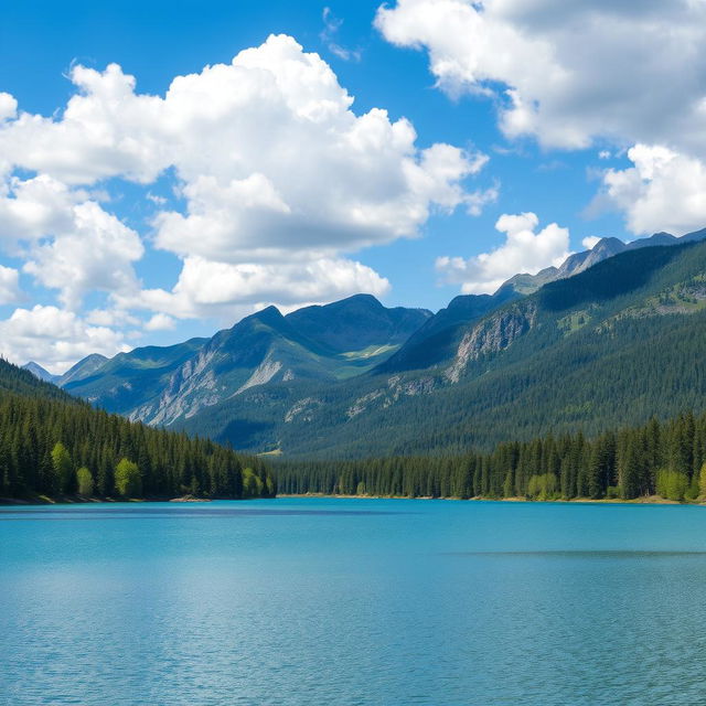 A beautiful landscape featuring a serene lake surrounded by lush green forests and majestic mountains in the background under a clear blue sky with fluffy white clouds