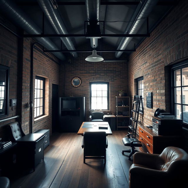 A dimly lit office in a loft style with no windows