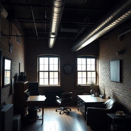 A dimly lit office in a loft style with no windows