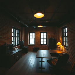 A dimly lit office in a loft style with no windows