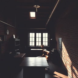 A dimly lit office in a loft style with no windows