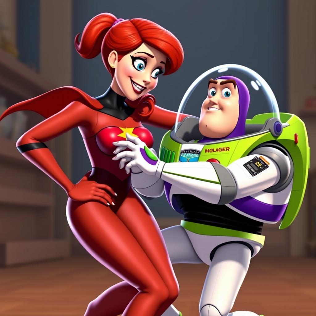 Generate an image of Buzz Lightyear playfully spanking Elastigirl