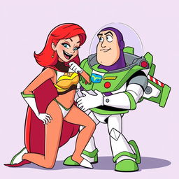 Generate an image of Buzz Lightyear playfully spanking Elastigirl