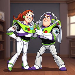 Generate an image of Buzz Lightyear playfully spanking Elastigirl