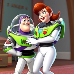 Generate an image of Buzz Lightyear playfully spanking Elastigirl