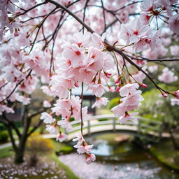 A beautiful scene featuring a sakura tree in full bloom with delicate pink petals falling gently to the ground