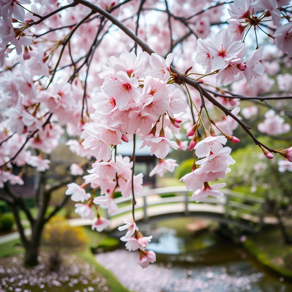 A beautiful scene featuring a sakura tree in full bloom with delicate pink petals falling gently to the ground