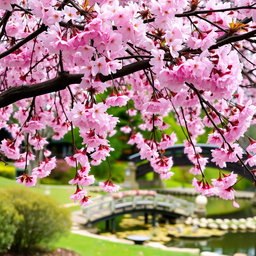 A beautiful scene featuring a sakura tree in full bloom with delicate pink petals falling gently to the ground