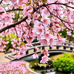 A beautiful scene featuring a sakura tree in full bloom with delicate pink petals falling gently to the ground