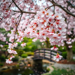 A beautiful scene featuring a sakura tree in full bloom with delicate pink petals falling gently to the ground
