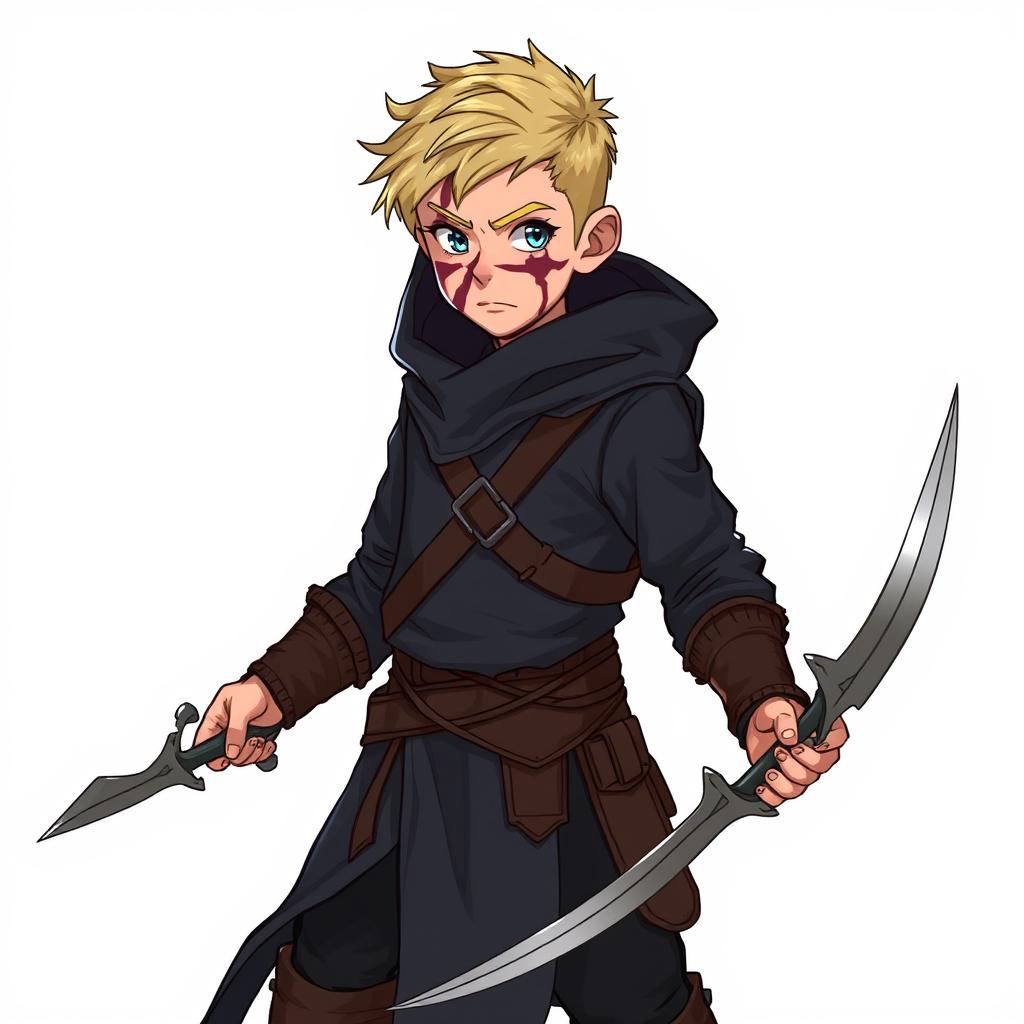 A full-body illustration of a young human male rogue from Dungeons and Dragons