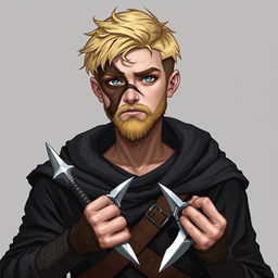 A full-body illustration of a young human male rogue from Dungeons and Dragons