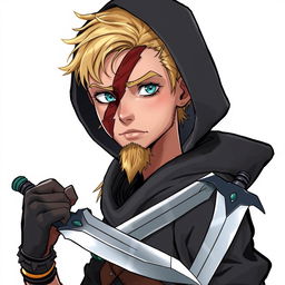 A full-body illustration of a young human male rogue from Dungeons and Dragons