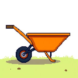 Create a pixel art image featuring an orange construction wheelbarrow on a white background