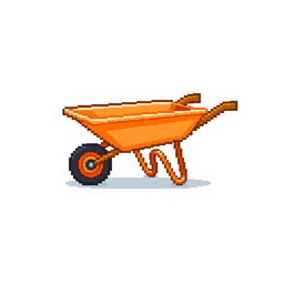 Create a pixel art image featuring an orange construction wheelbarrow on a white background