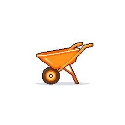 Create a pixel art image featuring an orange construction wheelbarrow on a white background