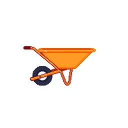 Create a pixel art image featuring an orange construction wheelbarrow on a white background