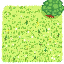 Create a pixel art image featuring a green spring lawn on a white background