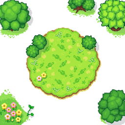 Create a pixel art image featuring a green spring lawn on a white background