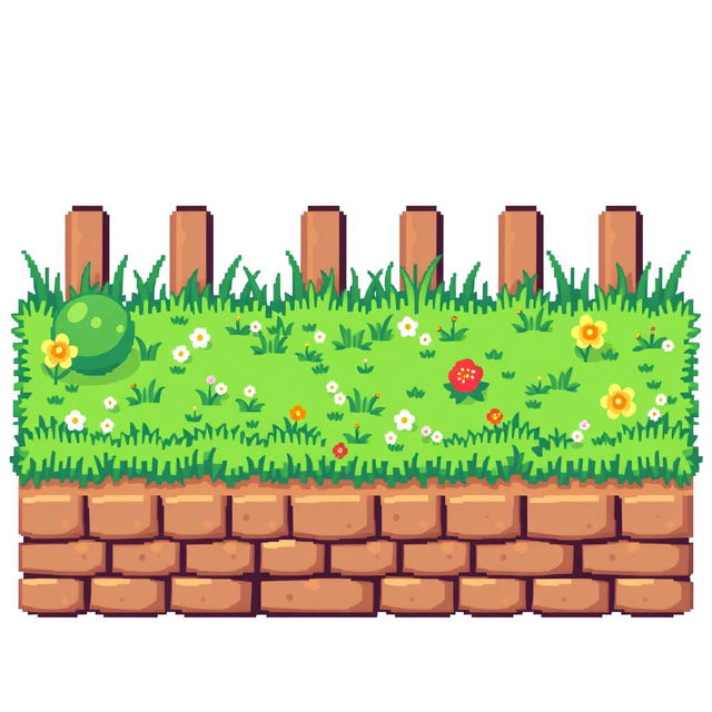 Create a pixel art image featuring a green spring lawn on a white background