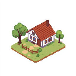 Create a pixel art image featuring a countryside house on a plot of land with a white background