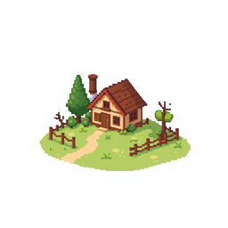 Create a pixel art image featuring a countryside house on a plot of land with a white background