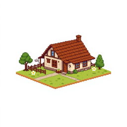 Create a pixel art image featuring a countryside house on a plot of land with a white background