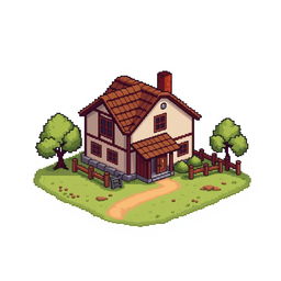 Create a pixel art image featuring a countryside house on a plot of land with a white background