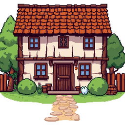 Create a pixel art image featuring the front view of a rustic countryside house on a white background