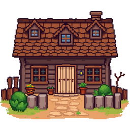 Create a pixel art image featuring the front view of a rustic countryside house on a white background