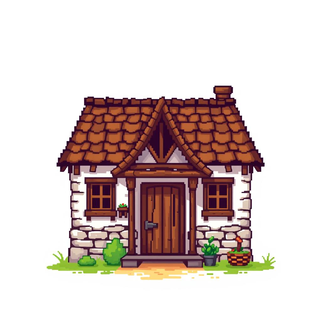 Create a pixel art image featuring the front view of a rustic countryside house on a white background