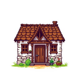 Create a pixel art image featuring the front view of a rustic countryside house on a white background