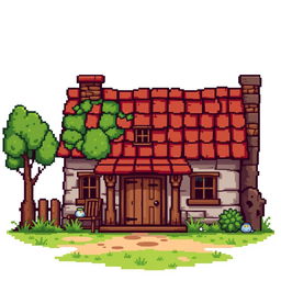 Create a pixel art image featuring the front view of a rustic countryside house on a white background