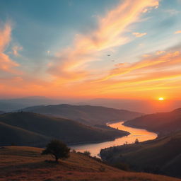 A serene landscape featuring rolling hills, a calm river, and a beautiful sunset with vibrant colors