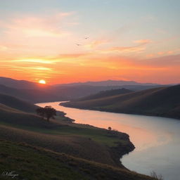 A serene landscape featuring rolling hills, a calm river, and a beautiful sunset with vibrant colors