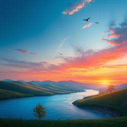 A serene landscape featuring rolling hills, a calm river, and a beautiful sunset with vibrant colors