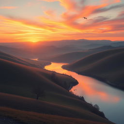 A serene landscape featuring rolling hills, a calm river, and a beautiful sunset with vibrant colors