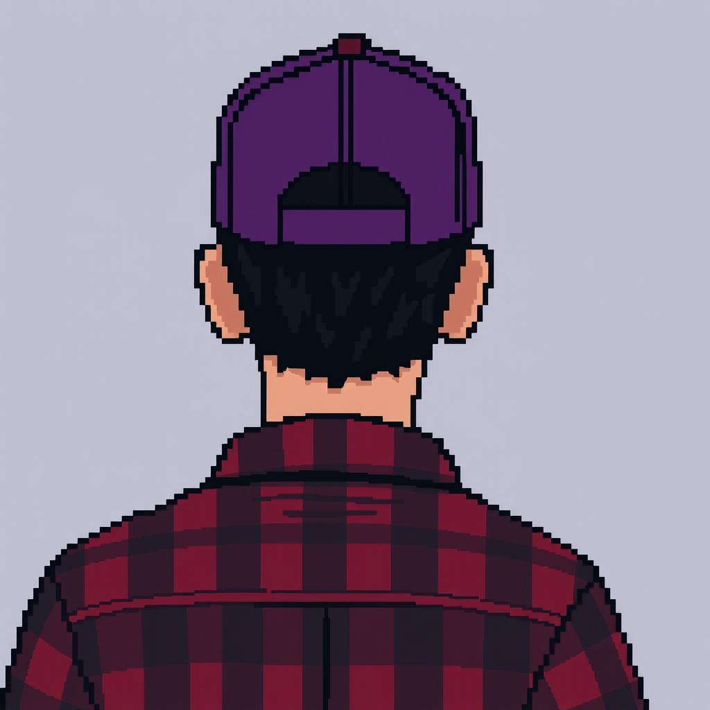 Create a pixel art image featuring the back view of a person wearing a purple cap and a red and black checkered shirt