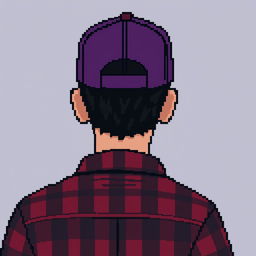 Create a pixel art image featuring the back view of a person wearing a purple cap and a red and black checkered shirt