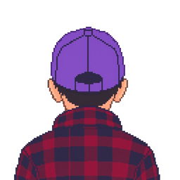 Create a pixel art image featuring the back view of a person wearing a purple cap and a red and black checkered shirt