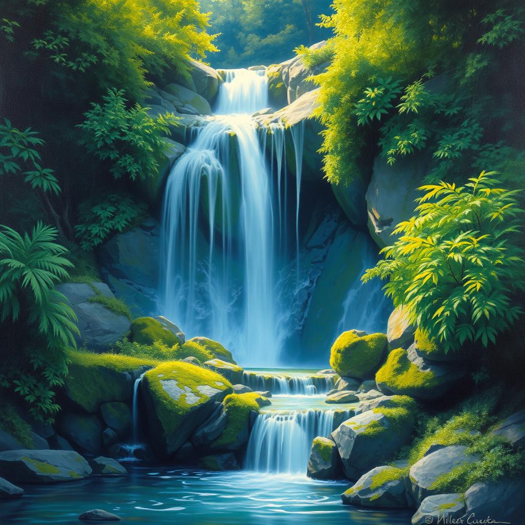 Ethereal and serene waterfall surrounded by lush greenery, painted in a hyperdetailed oil on canvas style with beautiful color gradients