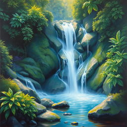 Ethereal and serene waterfall surrounded by lush greenery, painted in a hyperdetailed oil on canvas style with beautiful color gradients