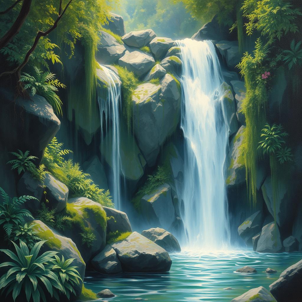 Ethereal and serene waterfall surrounded by lush greenery, painted in a hyperdetailed oil on canvas style with beautiful color gradients