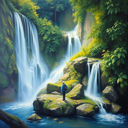 Ethereal and serene waterfall surrounded by lush greenery, painted in a hyperdetailed oil on canvas style with beautiful color gradients