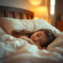 A serene scene of a young girl lying down in bed, with a peaceful expression on her face