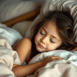 A serene scene of a young girl lying down in bed, with a peaceful expression on her face