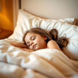 A serene scene of a young girl lying down in bed, with a peaceful expression on her face