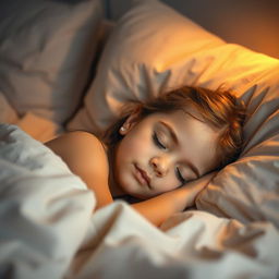 A serene scene of a young girl lying down in bed, with a peaceful expression on her face